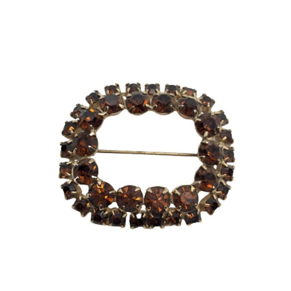 Stunning Vintage Rectangular Brown Topaz Colored Rhinestone Open Brooch / Pin
